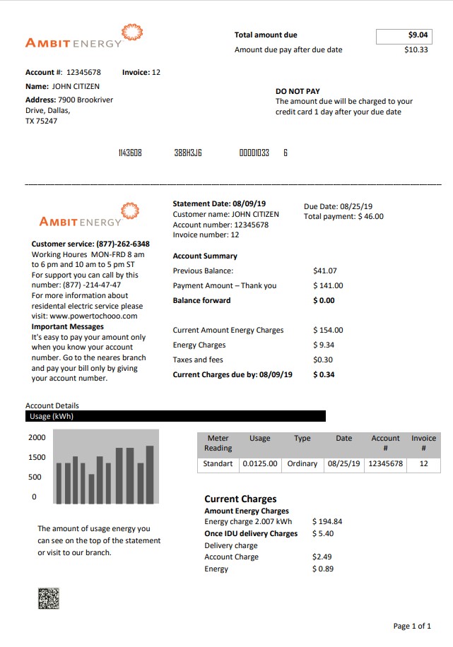 USA Texas Ambit Energy utility bill template in Word and PDF format